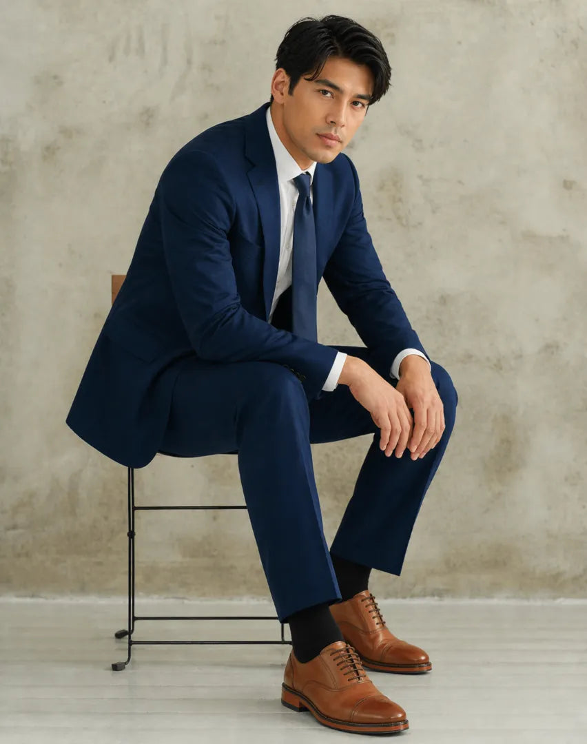 Man in a navy suit sitting on a chair against a beige wall.
#color_walnut