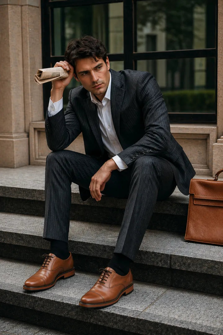 Brown dress shoes worn with black pants on a white surface with a green background
#color_walnut