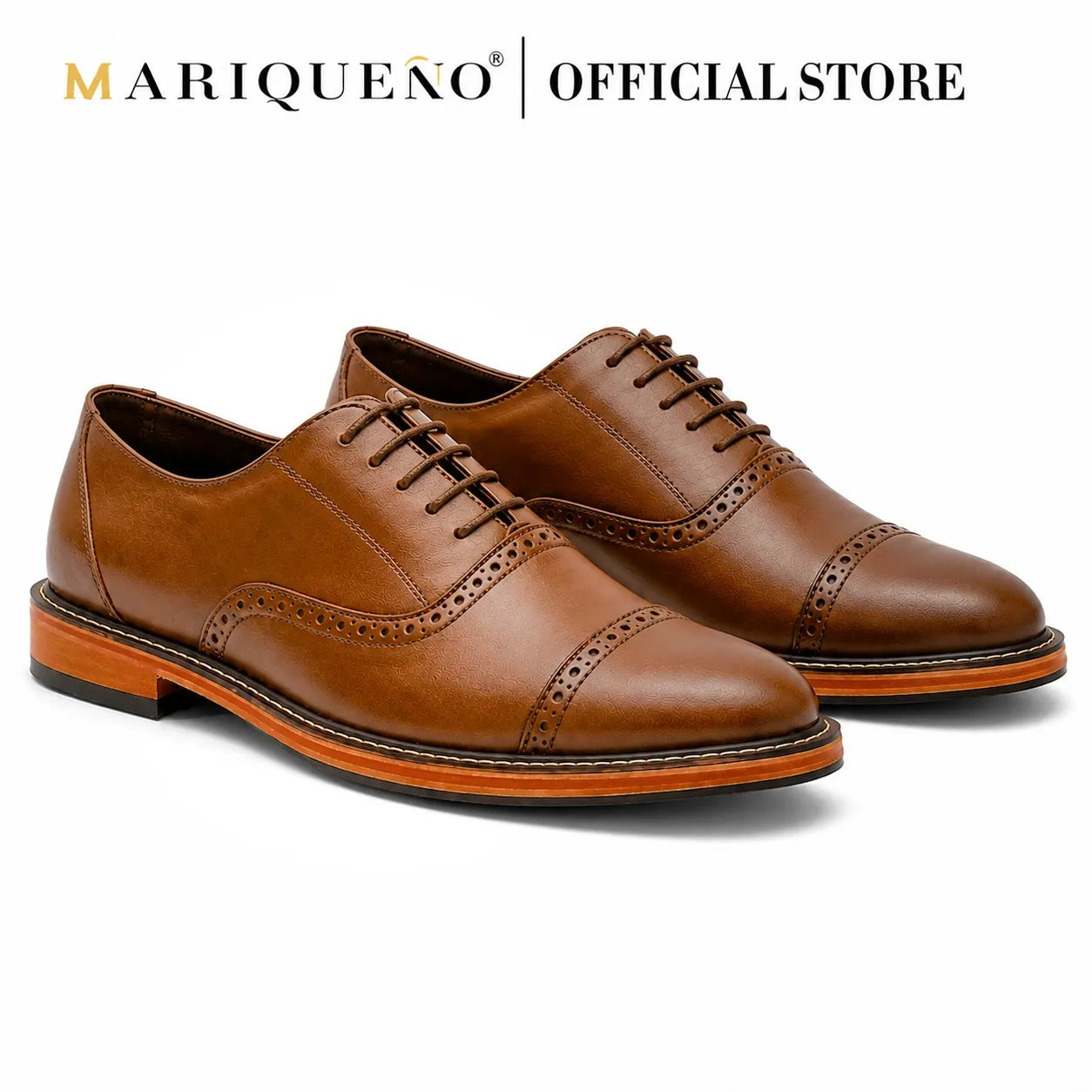 Oxford Walnut Brown leather shoes with holes and 'Mariqueno Official Store' branding on a white background

#color_walnut