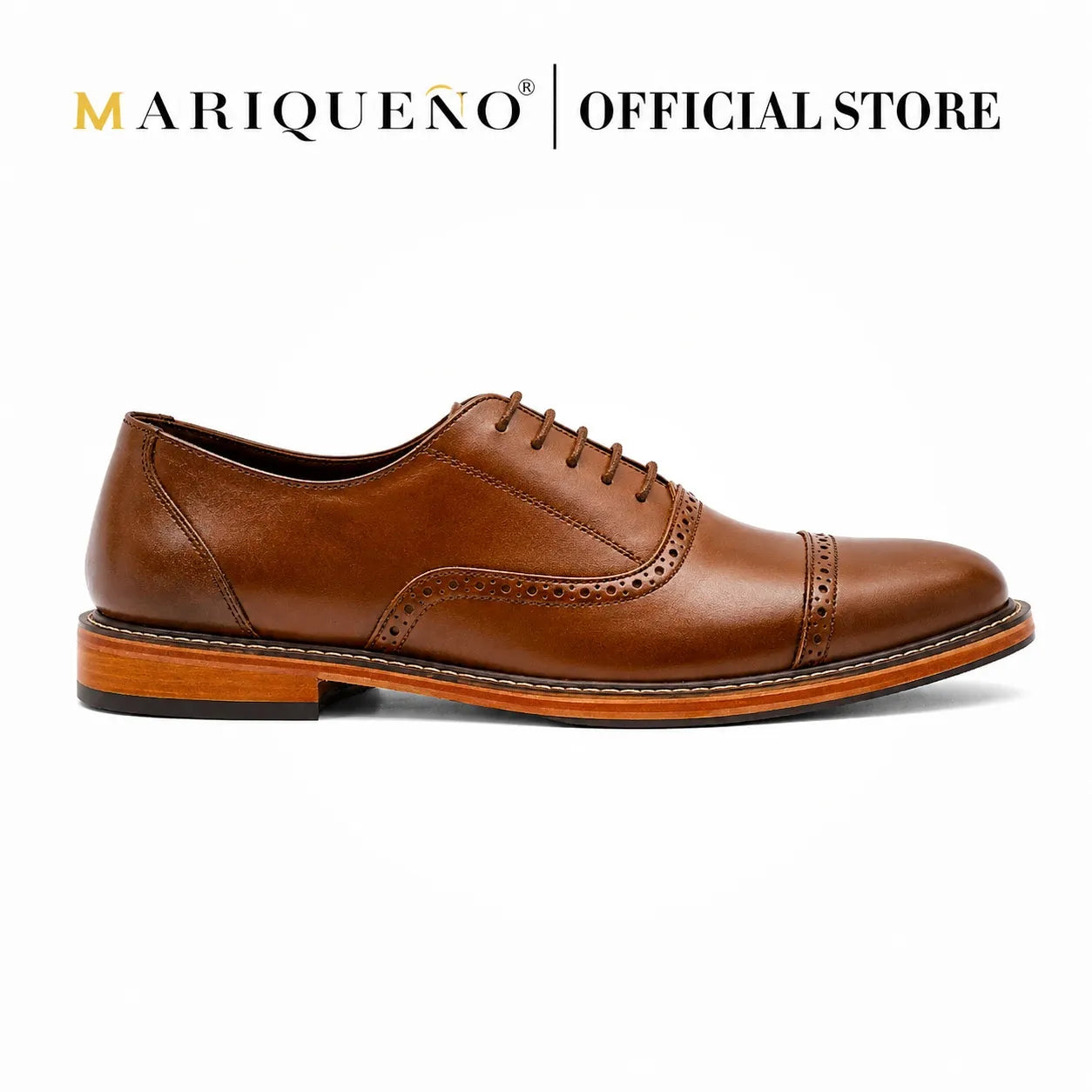 Walnut brown leather oxford shoe with holes on a white background with 'Mariqueno' branding.

#color_walnut