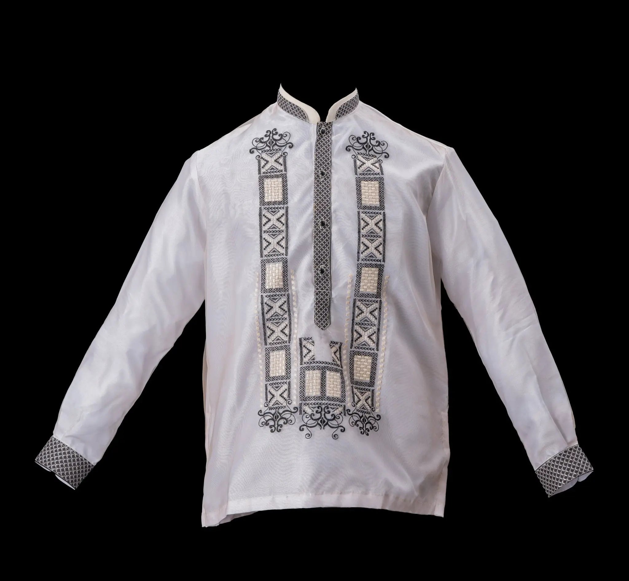 GUEVARRA Piña Organza Men's Barong in Black with Double Chinese Collar - White Lining - Mariqueño