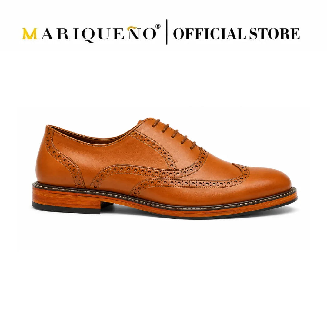 Tan brown leather wingtip oxford shoe with 'Marieuéno' branding on a white background
#color_tan