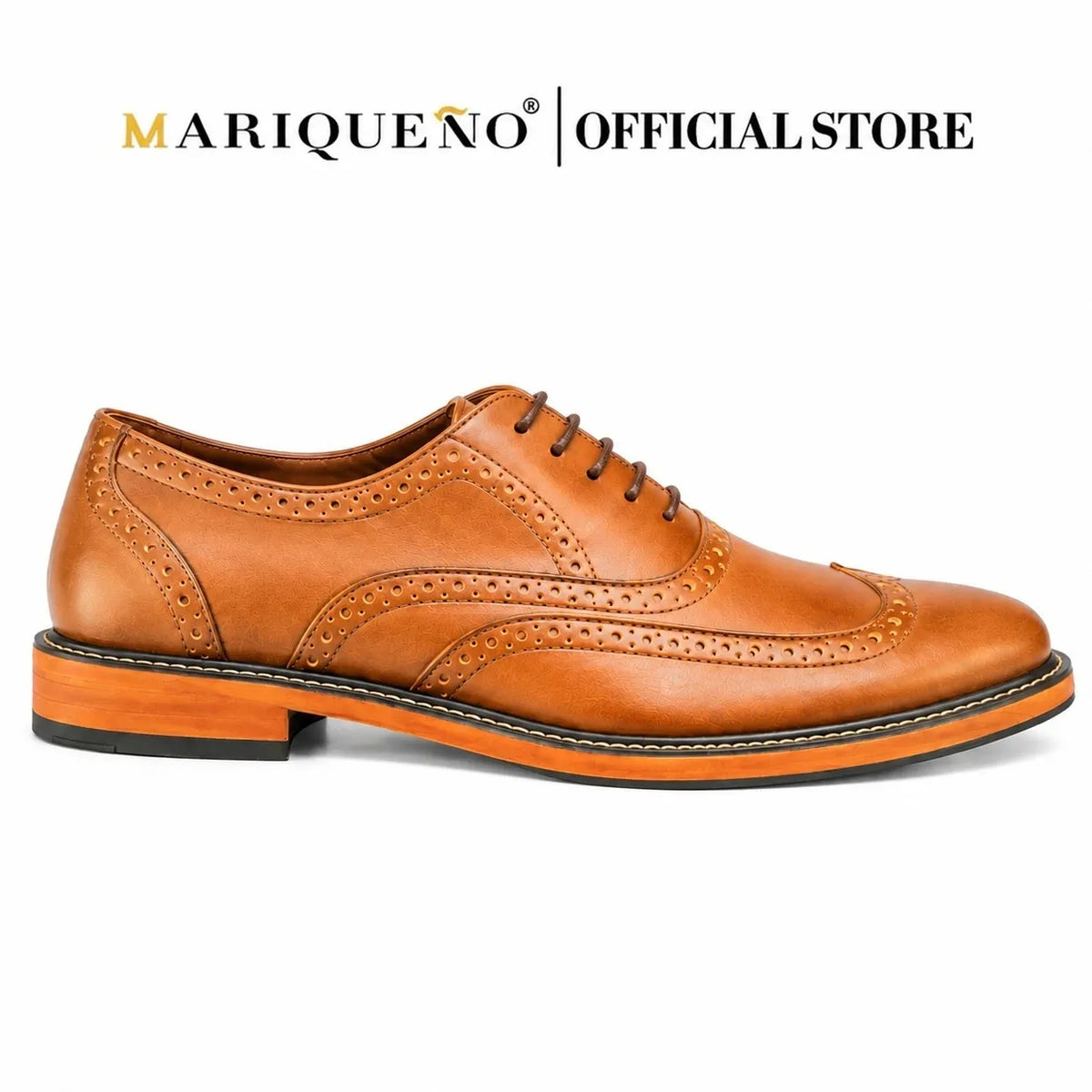 Tan brown leather wingtip oxford shoe with 'Marieuéno' branding on a white background
#color_tan
