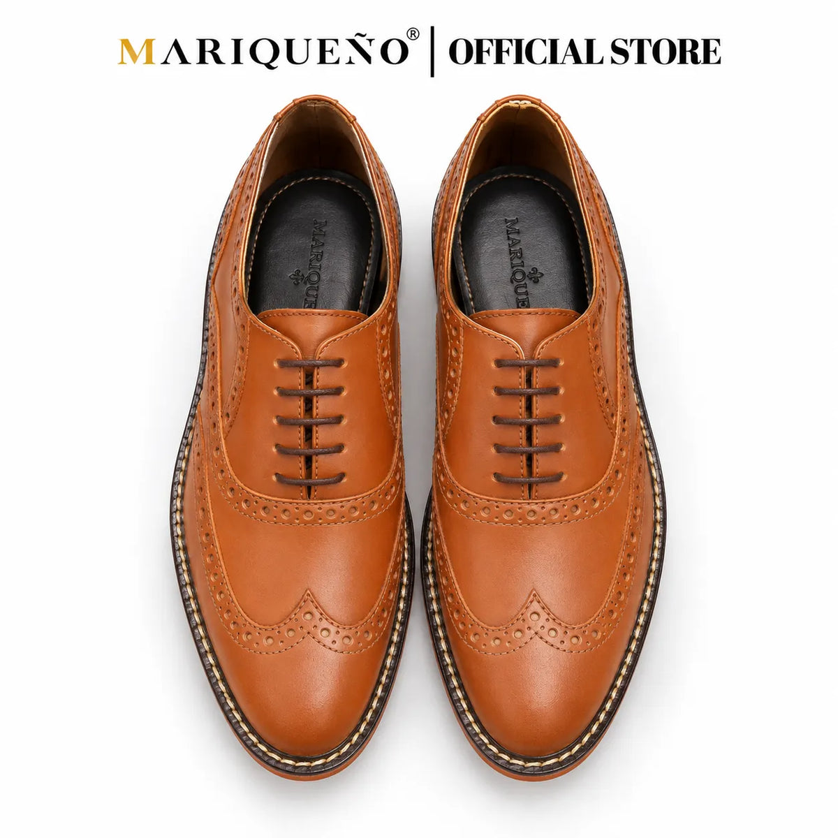 Pair of brown leather shoes with 'Marqueéno' branding on a white background
#color_tan