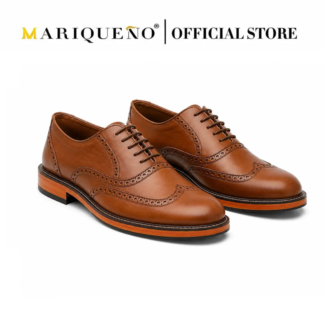 Walnut brown leather oxford wingtip shoes with 'Mariqueno' branding on a white background
#color_walnut