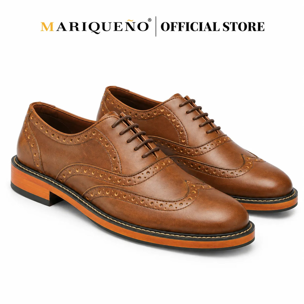 Walnut brown leather oxford wingtip shoes with 'Mariqueno' branding on a white background
#color_walnut
