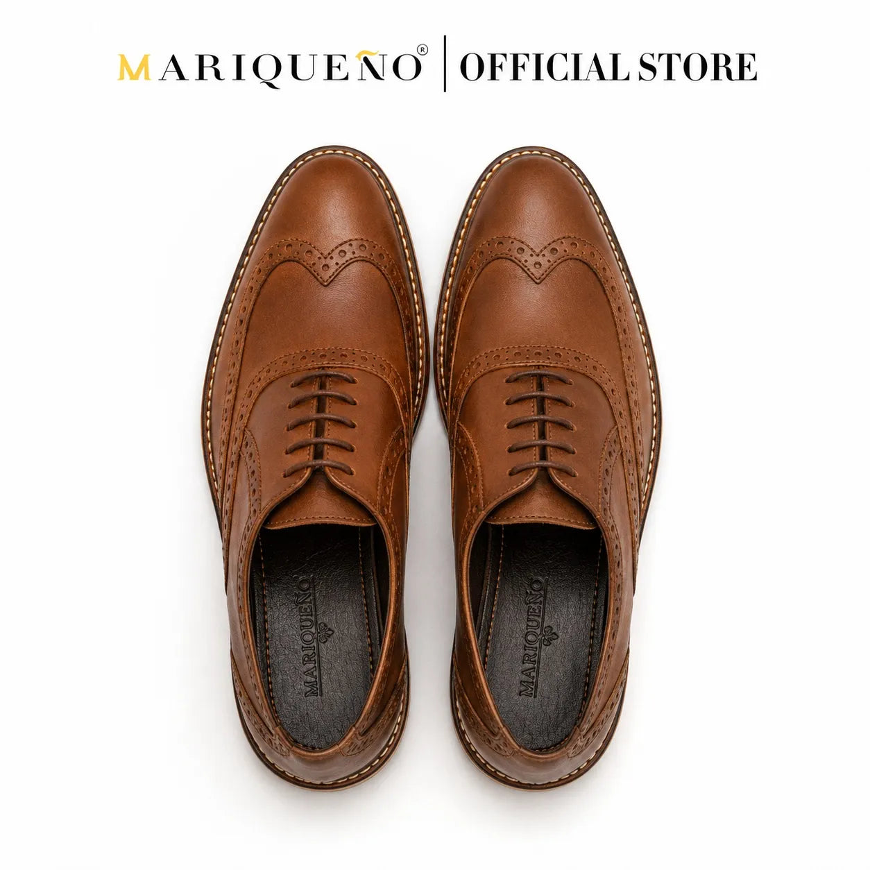 Pair of brown leather shoes with 'Mariqueno' branding on a white background
#color_walnut