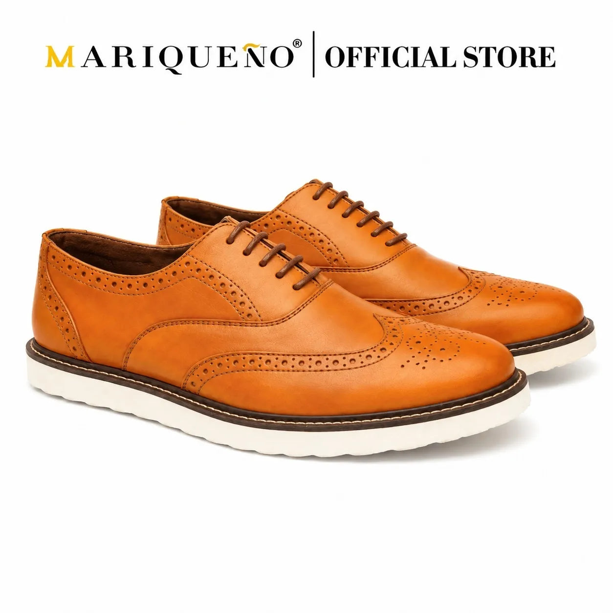 Tan brown leather shoes with white rubber soles on a light gray background, featuring the Mariqueno brand.
#color_tan