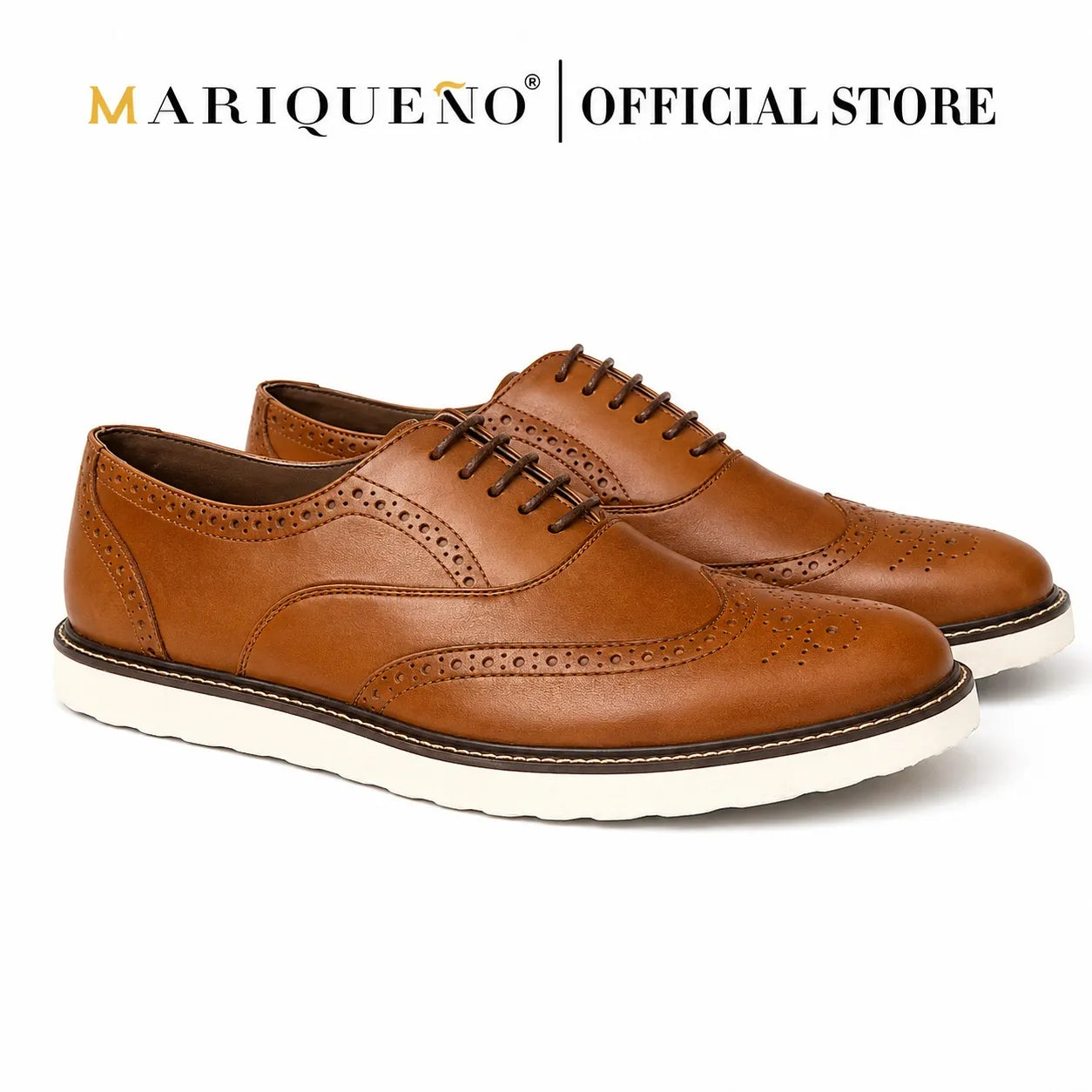 Walnut brown leather wingtip rubber soles shoes on a white background, featuring the Mariqueno brand.
#color_walnut