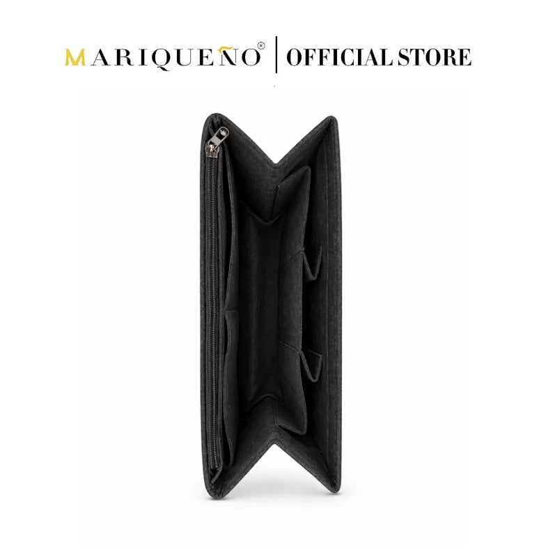 Black wallet with open design on a white background, featuring the Mariqueno brand.
#color_black