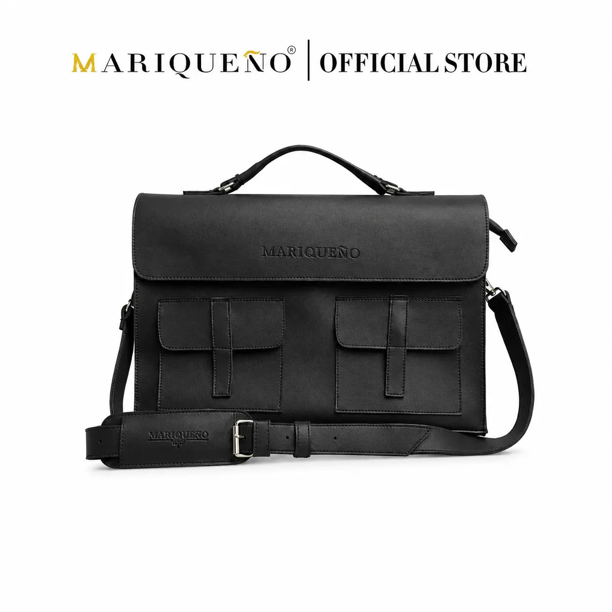 Black leather bag with 'Mariqueno' branding on a white background
#color_black
