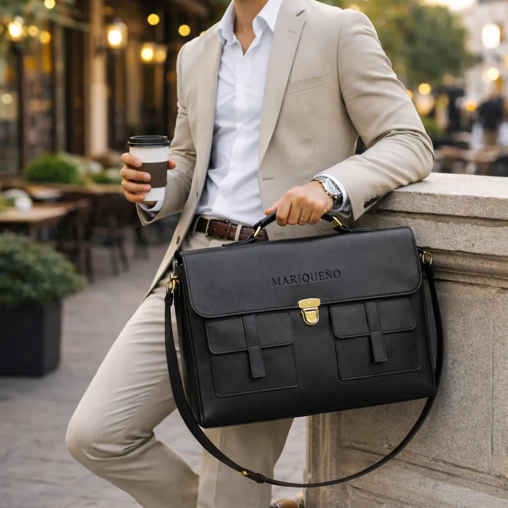 Man in a suit holding a black leather bag with 'Mariquéno' branding in an urban setting.
#color_black