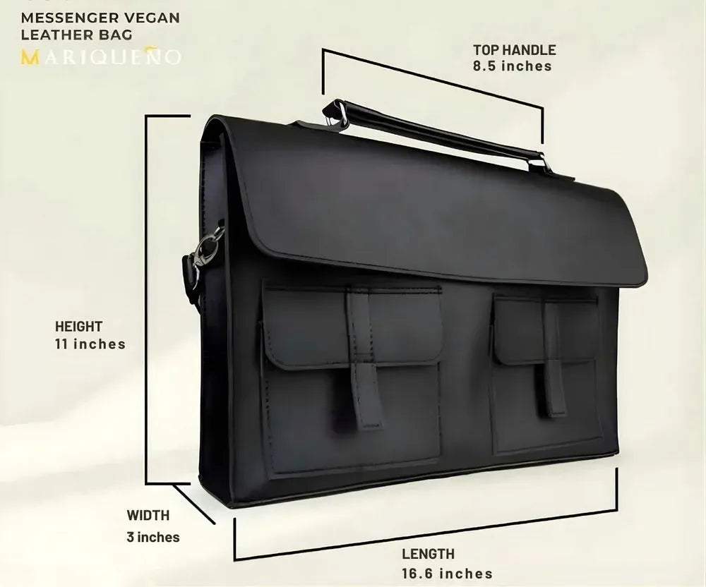 Black vegan leather messenger bag with measurements on a light beige background
#color_black