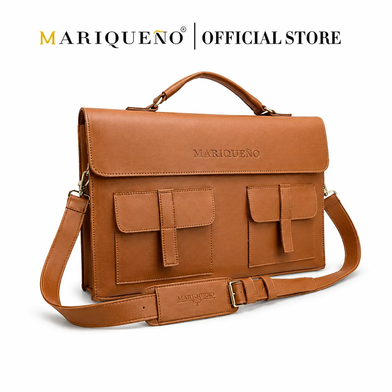 Brown leather bag with 'Mariqueno' branding on a white background
#color_tan