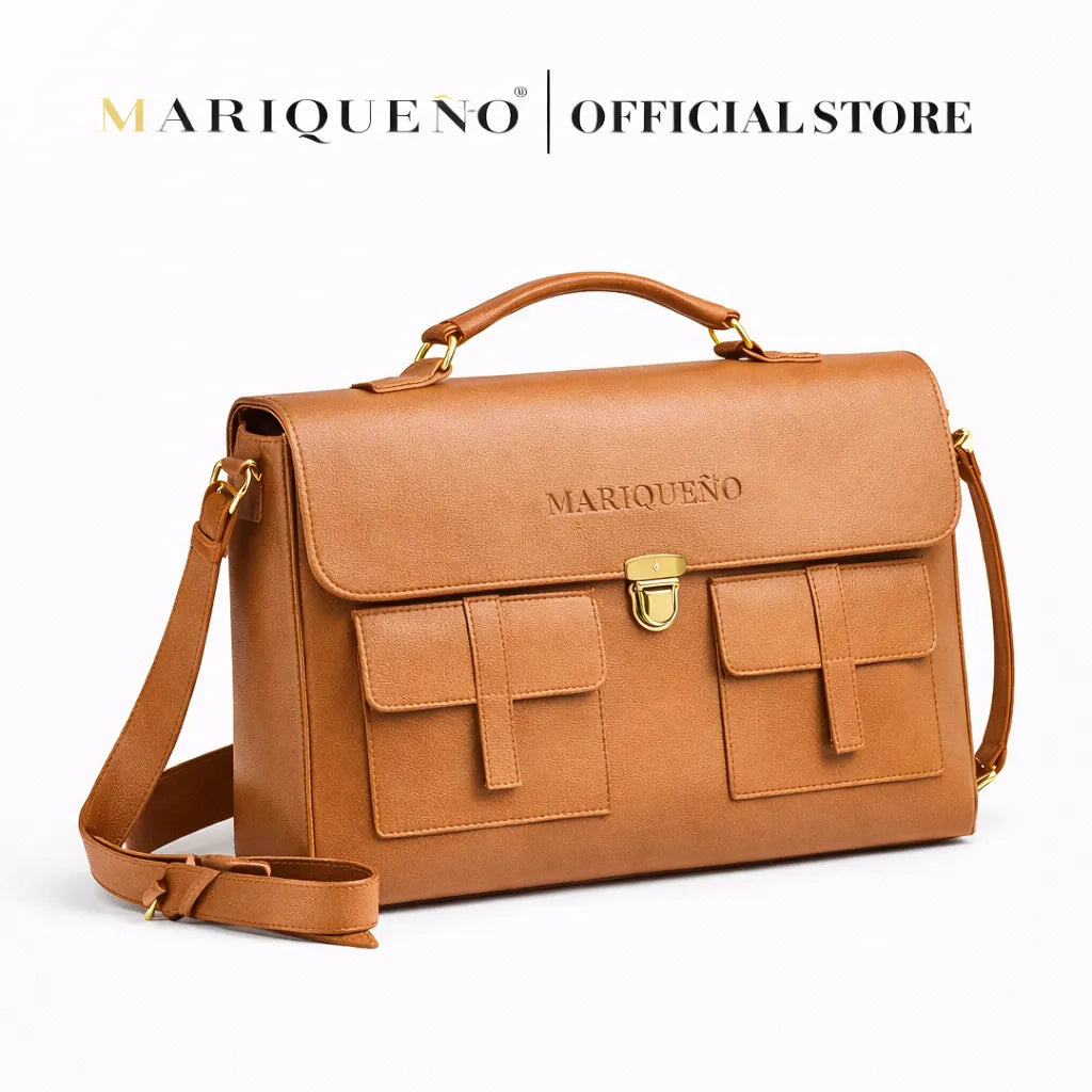 Brown leather bag with 'Mariquéno' branding on a white background
#color_tan
