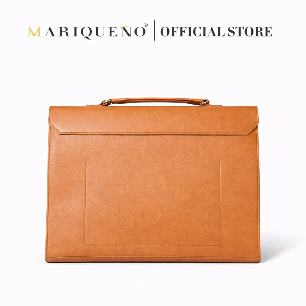 Brown leather briefcase with 'Mariqueno' branding on a white background
#color_tan