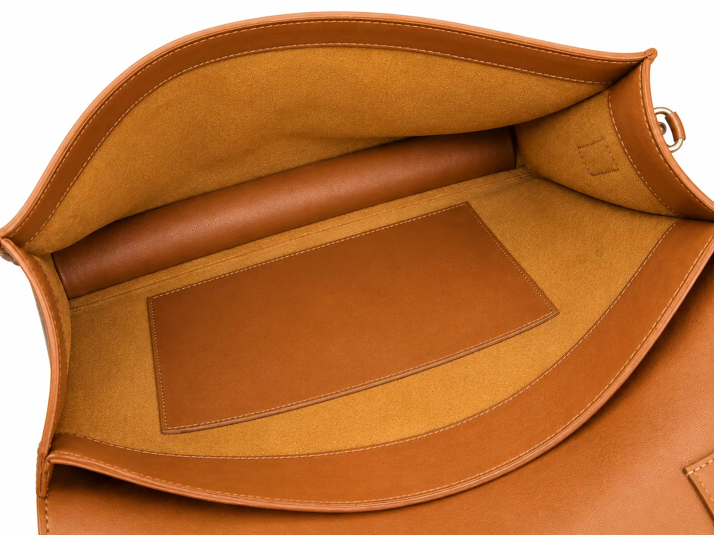 Close-up of a brown leather bag interior on a white background
#color_tan
