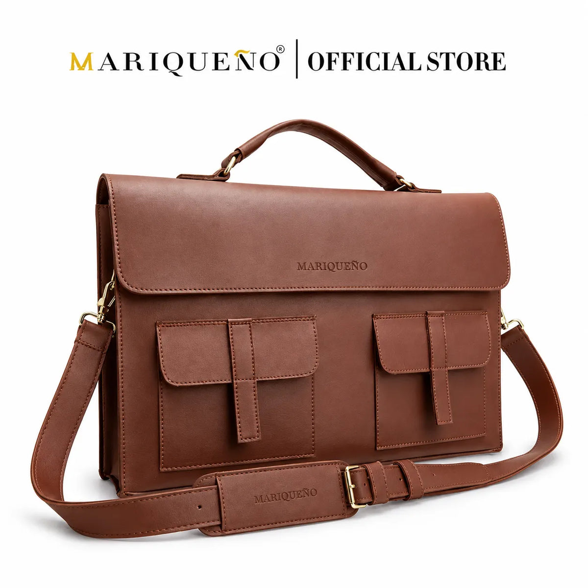Brown leather bag with 'Mariqueno' branding on a white background
#color_walnut