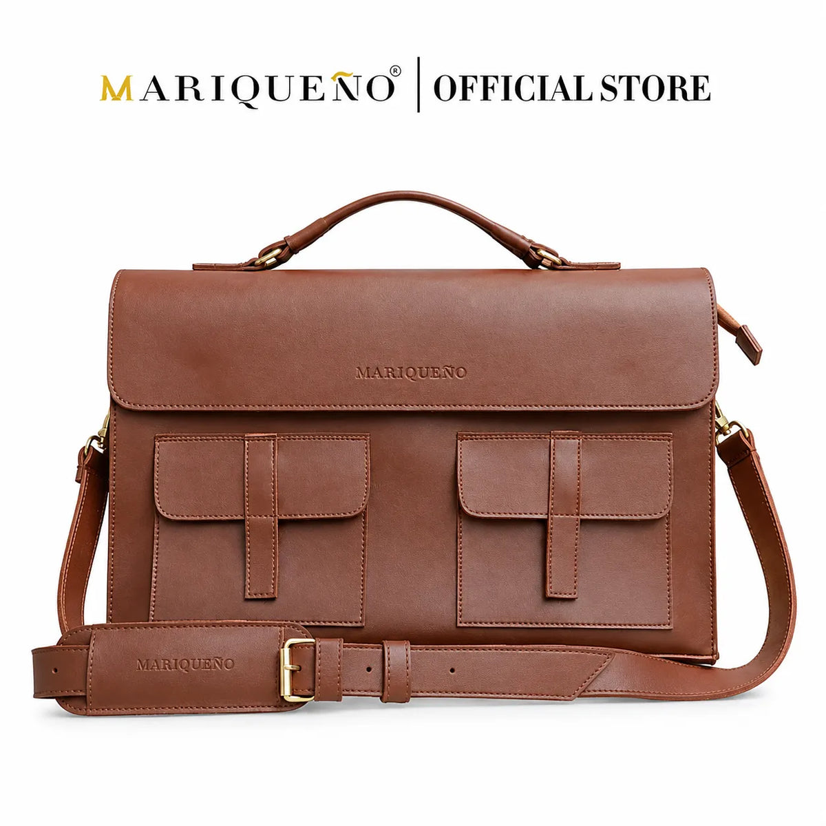 Brown leather bag with 'Mariqueno' branding on a white background
#color_walnut