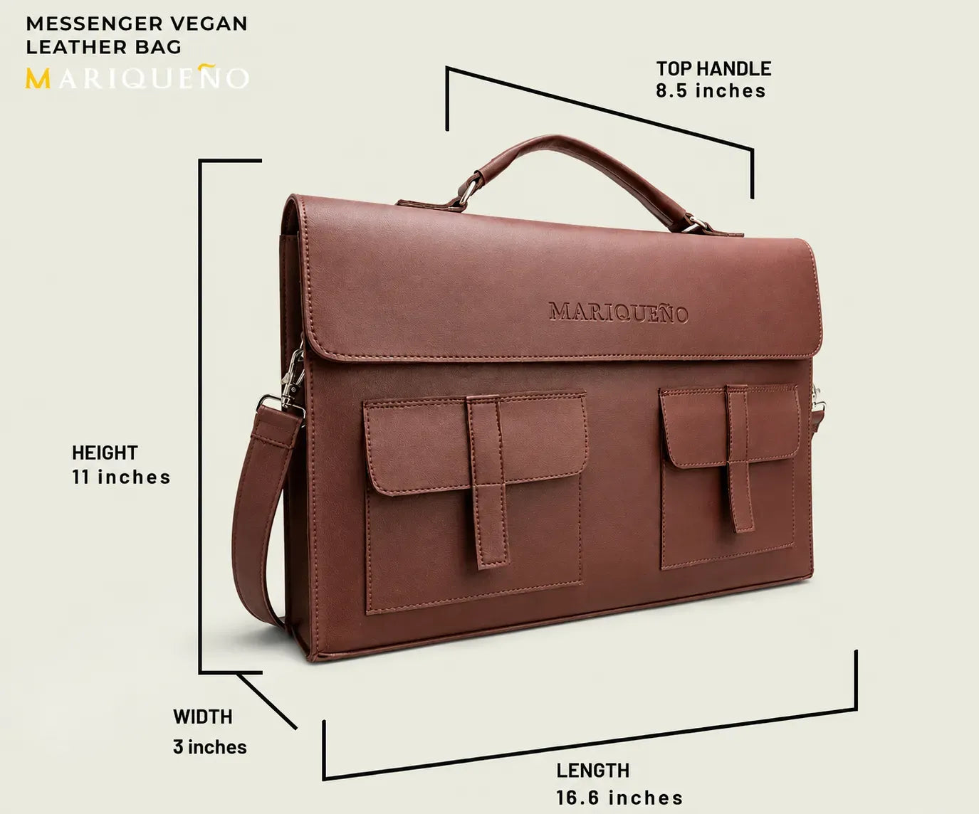 Brown leather bag with dimensions labeled on a beige background
#color_walnut