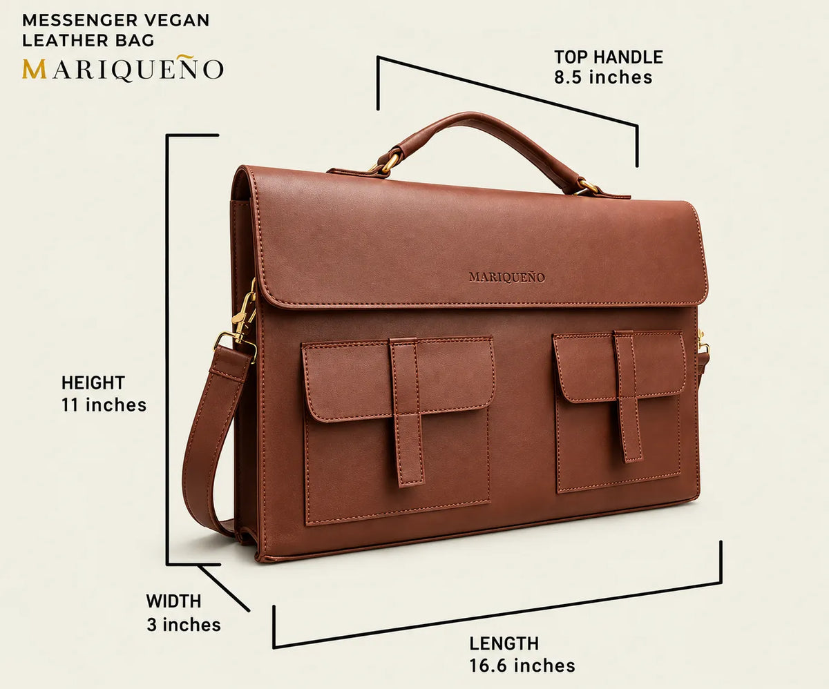 Brown leather bag with dimensions labeled on a beige background
#color_walnut