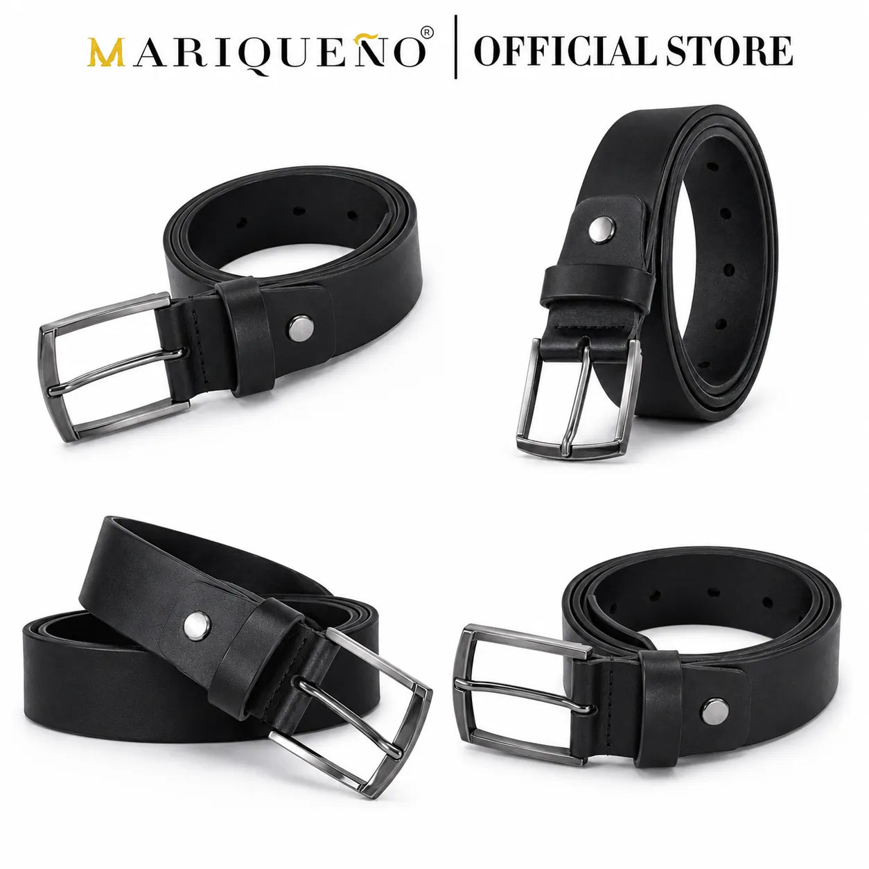 Four black leather belts with silver buckles on a white background, branded as Mariqueno.
#color_black