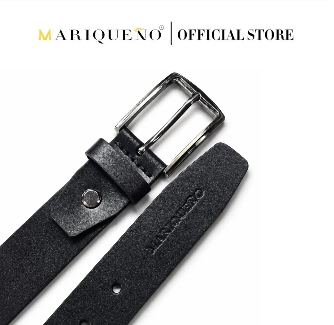 Black leather belt with silver buckle on a white background, featuring the Mariqueño brand.
#color_black