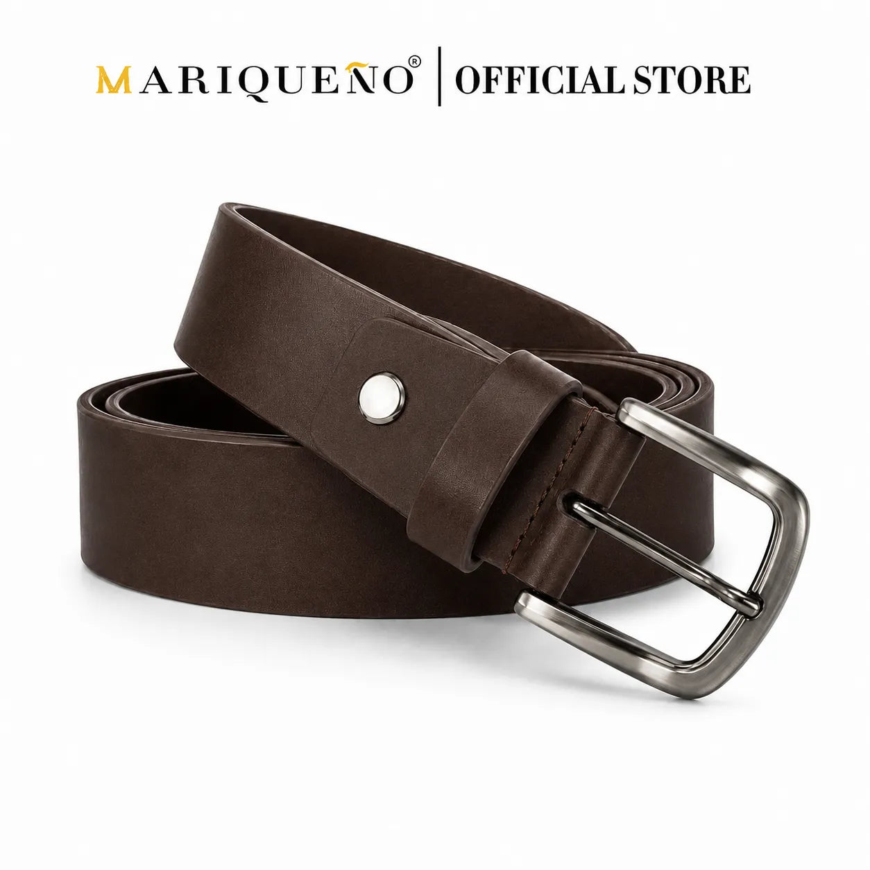 Brown leather belt with a silver buckle on a white background, branded as Mariqueno.
#color_choco brown