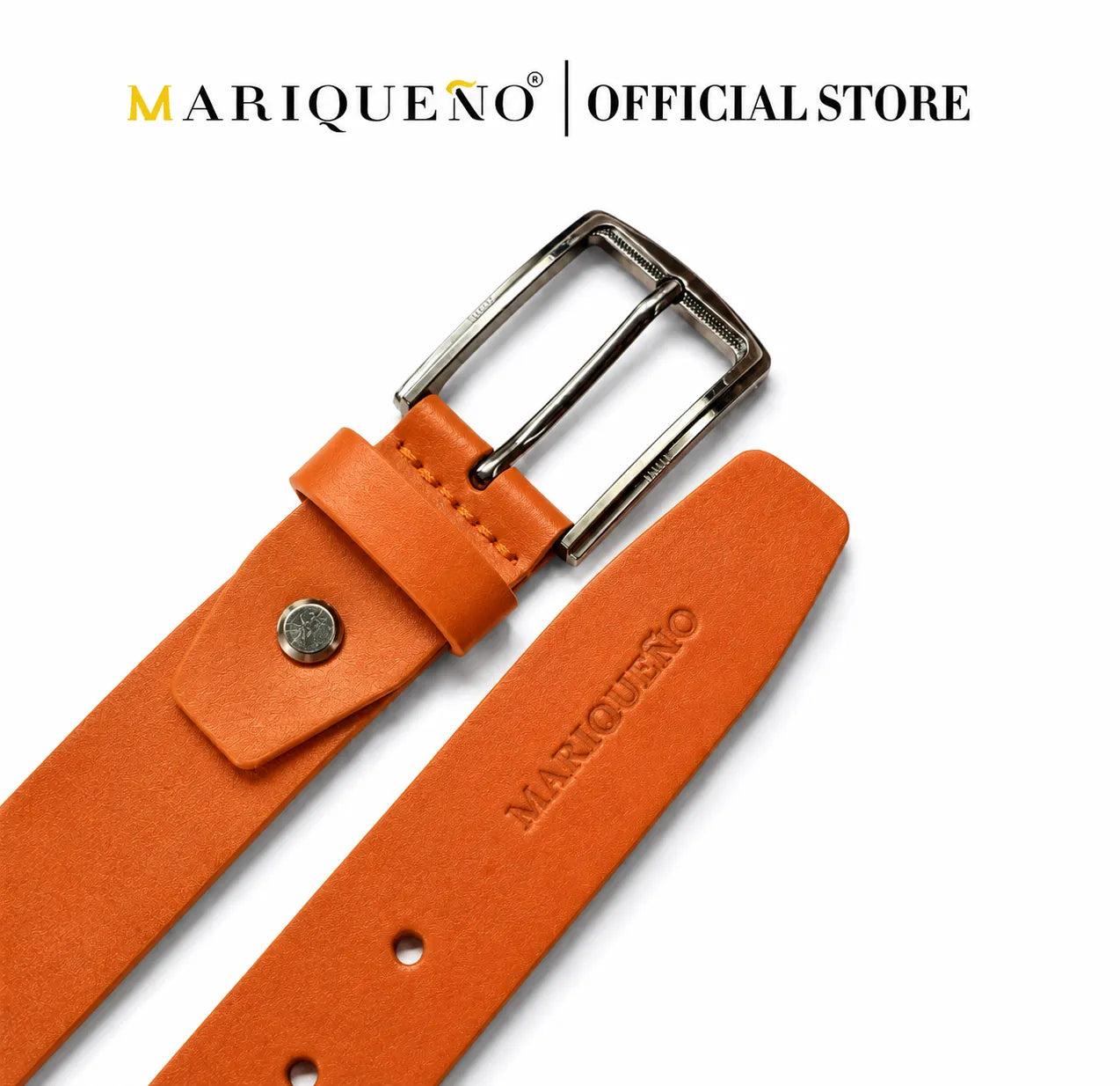 Orange leather belt with silver buckle on a white background, featuring the Marqueño brand.
#color_tan