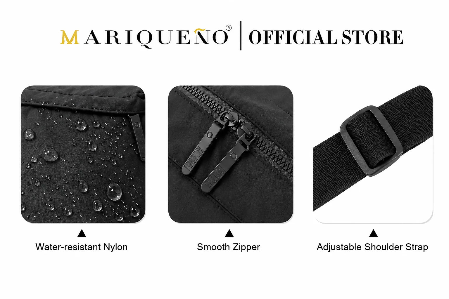 Black bag with water-resistant nylon, smooth zipper, and adjustable shoulder strap features, branded as Mariqueno.
#color_black