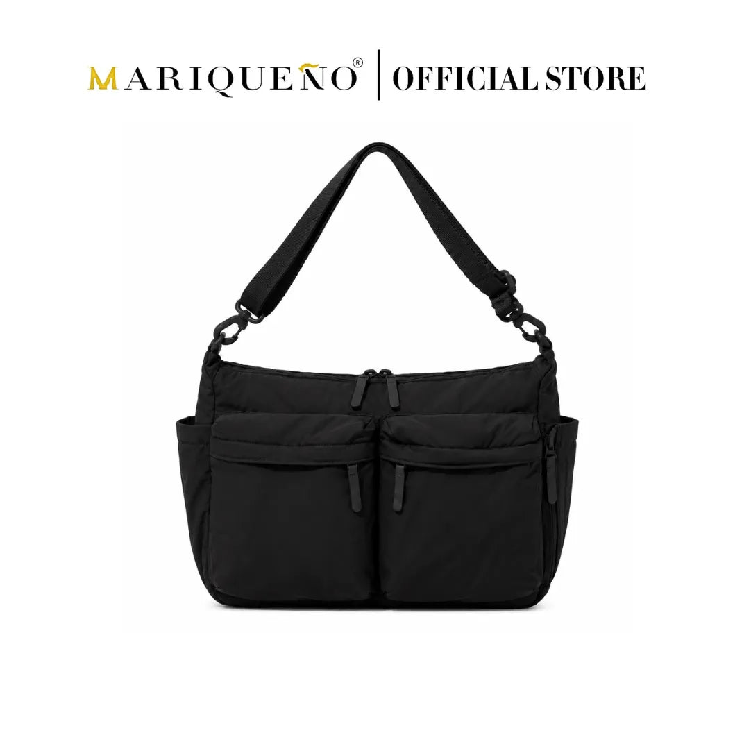 Black shoulder bag with multiple pockets on a white background, featuring the Mariqueno brand.
#color_black