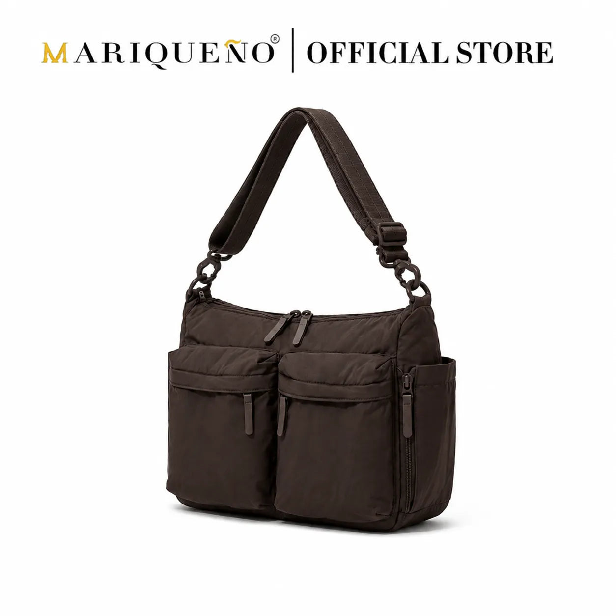 Brown shoulder bag with multiple pockets on a white background, featuring the Mariqueno brand.
#color_coffee brown