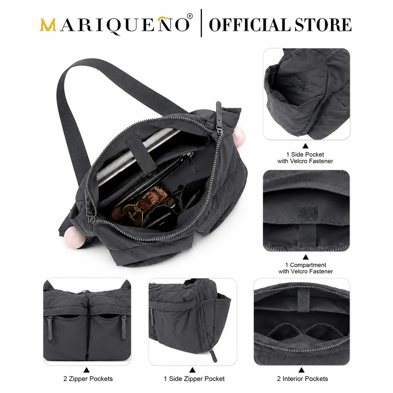 Gray crossbody bag with multiple compartments and features, branded as Mariqueno.
#color_dark gray