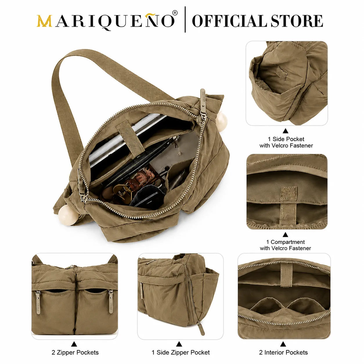 Brown bag with multiple compartments and features, branded as Mariqueño.
#color_khaki