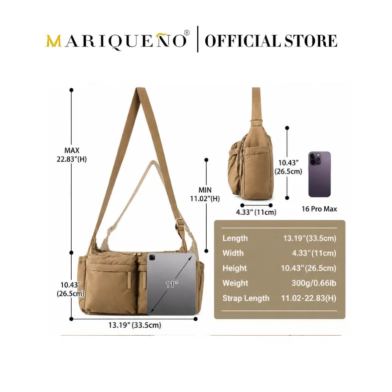 Brown crossbody bag with measurements and smartphone for scale on a white background, branded as Mariqueno.
#color_khaki
