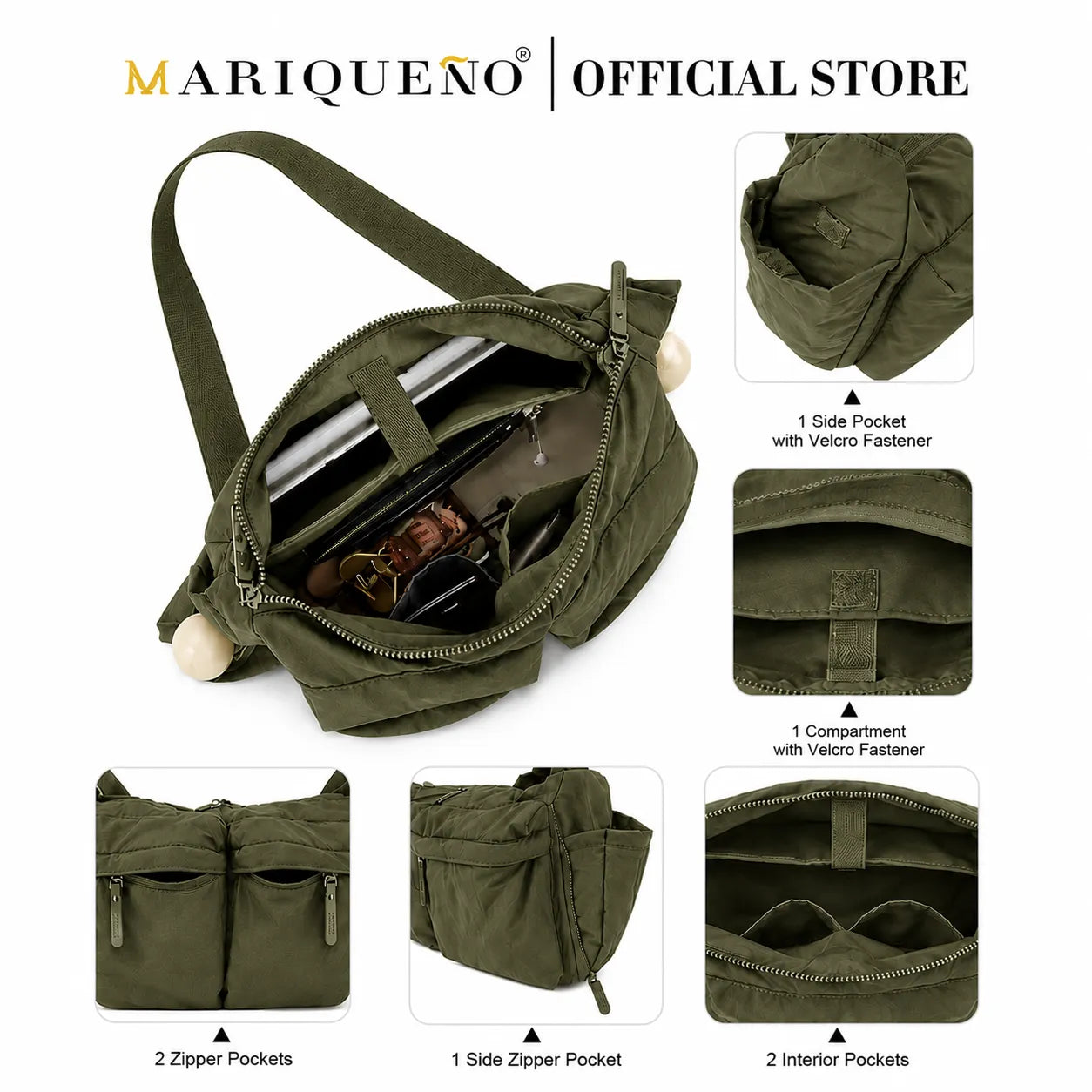 Green bag with multiple compartments and features, branded as Mariqueno.
#color_olive green