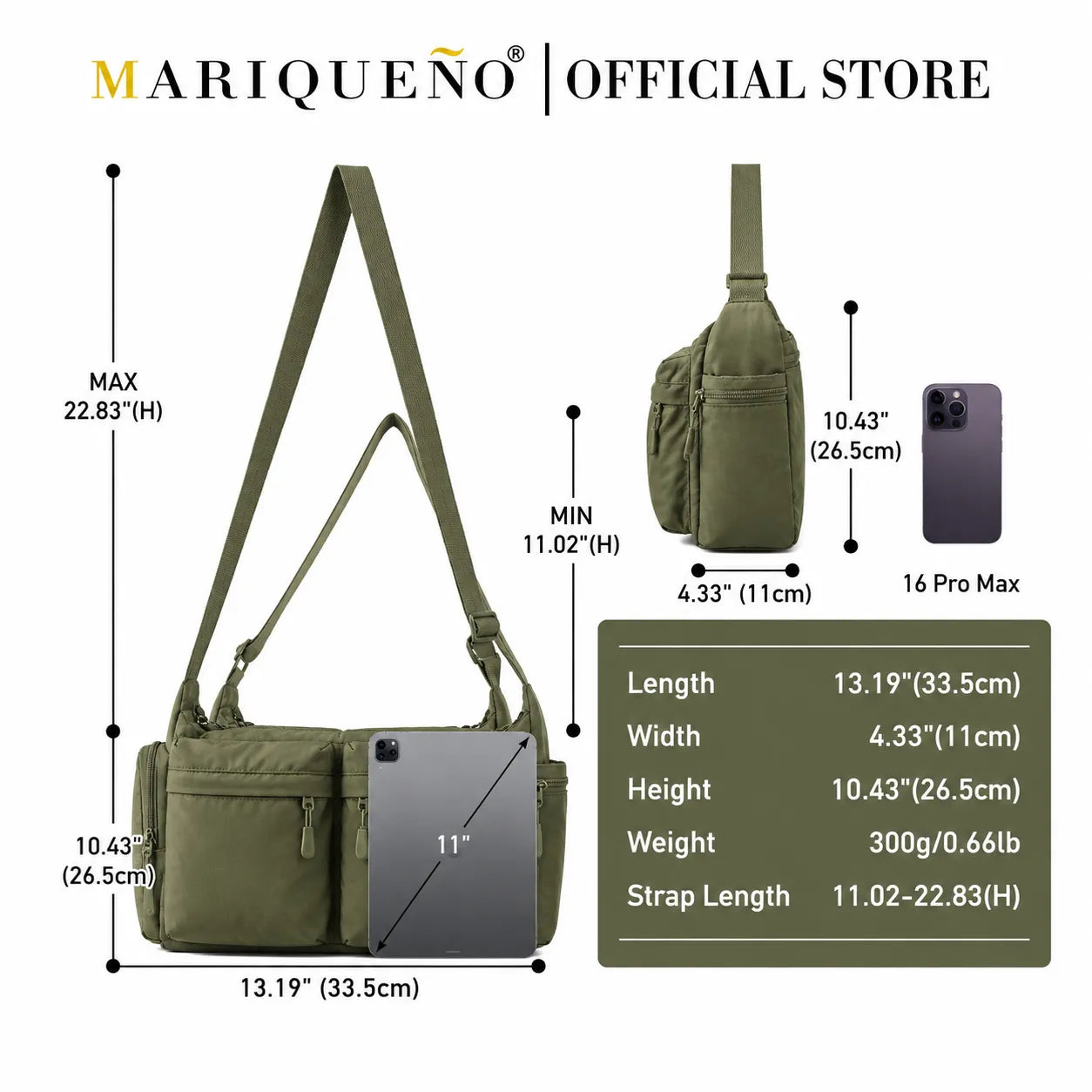 Green bag with dimensions and features displayed on a white background
#color_olive green