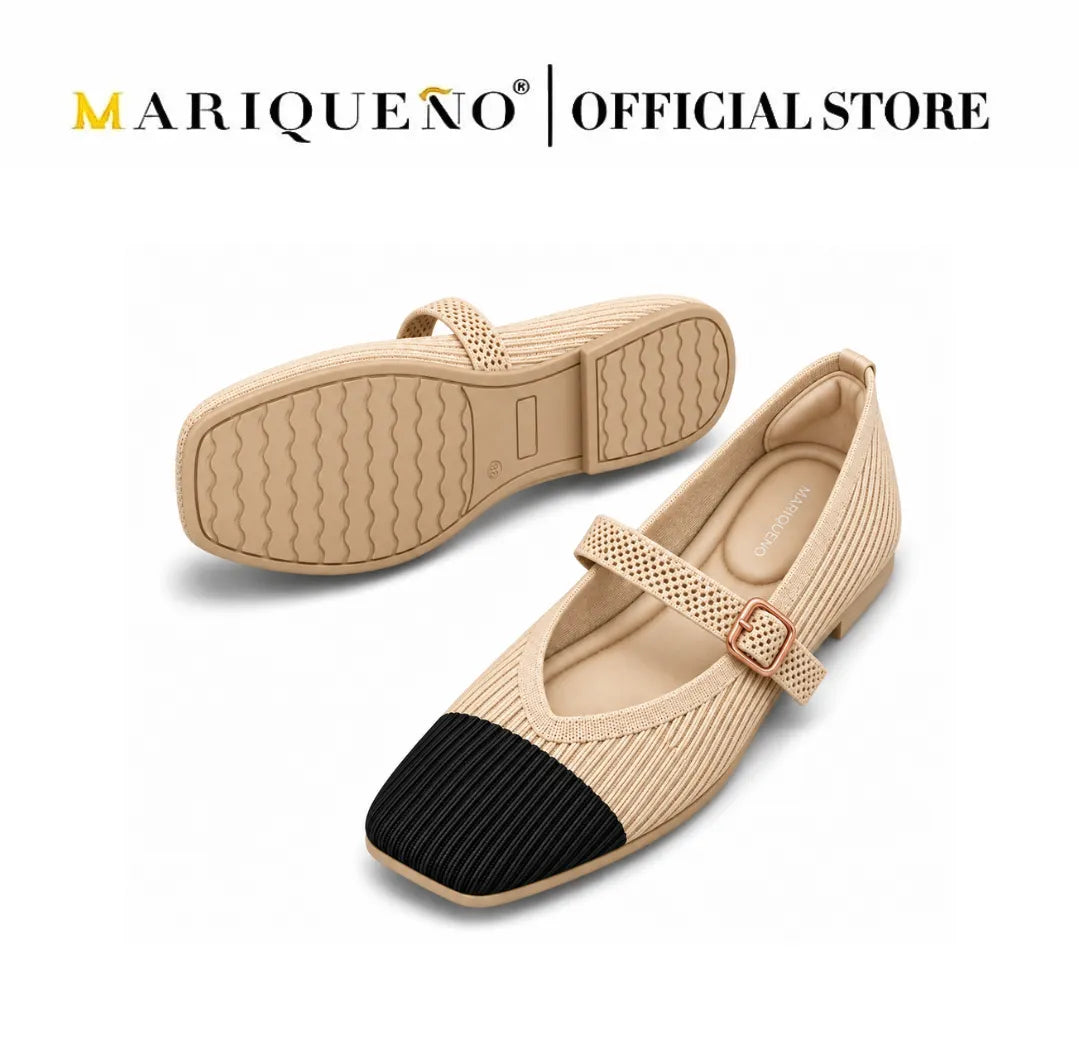 A pair of Mariqueno flat shoes with a beige woven upper, a black ribbed toe cap, and a small metallic buckle on the strap. One shoe is shown from the side profile, and the other is shown from the sole view, set against a plain white background with the Mariqueno brand logo at the top.
#color_2 toned