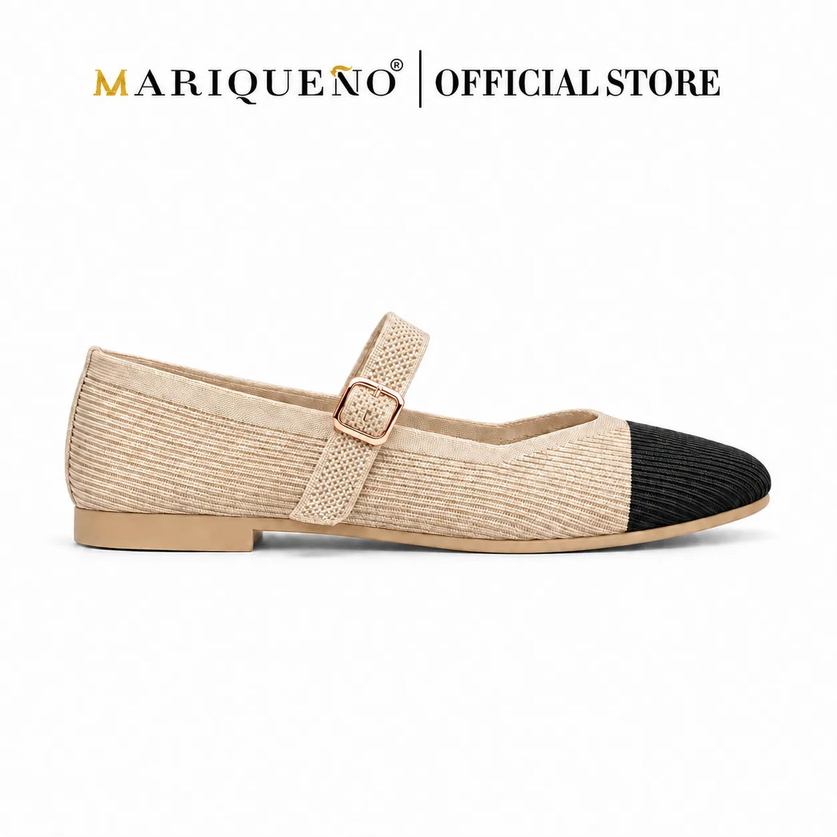 A single women's Mary Jane flat shoe by Mariqueno, featuring a beige textured woven upper, a black pointed toe cap, and a matching beige strap with a rose gold buckle, shown against a plain white background with the brand logo at the top.
#color_2 toned