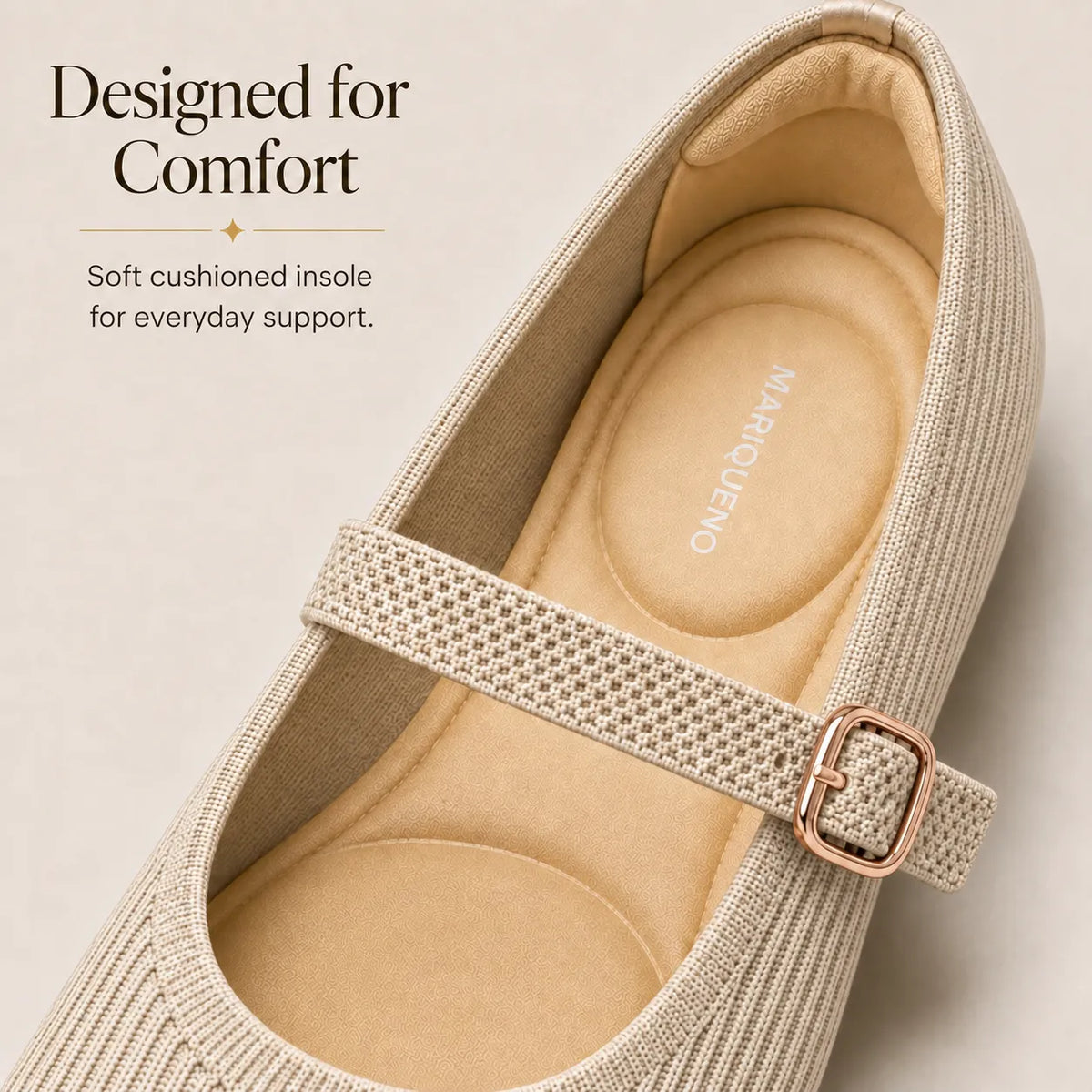 A close-up of a beige Mary Jane flat shoe with a textured knit upper, a matching woven strap with a rose gold buckle, and a tan cushioned insole. Text on the left reads 'Designed for Comfort' and 'Soft cushioned insole for everyday support.
#color_beige