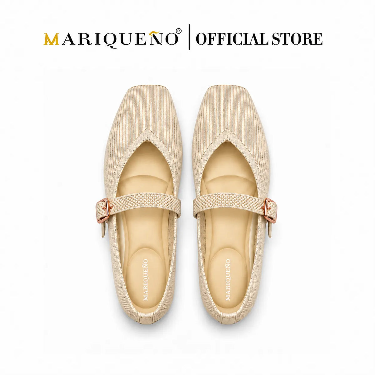 A pair of Mariqueno beige woven Mary Jane flats with square toes and a small buckle detail, shown from a top-down view on a white background with the brand logo at the top.
#color_beige