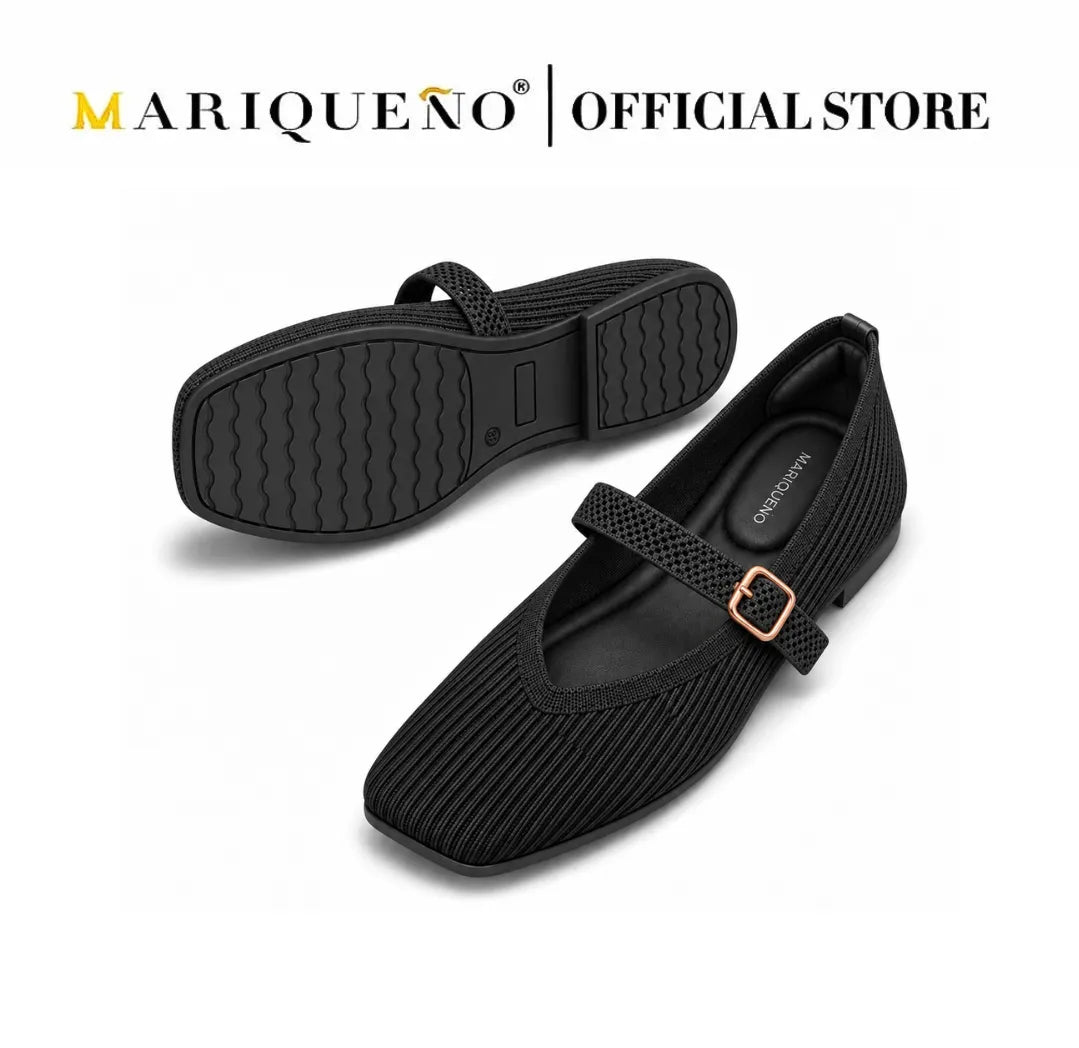 A pair of black Mary Jane flats with a textured knit upper and a small metallic rose gold buckle, shown from the top and side views on a white background with the brand name 'Mariqueno' at the top.
#color_black