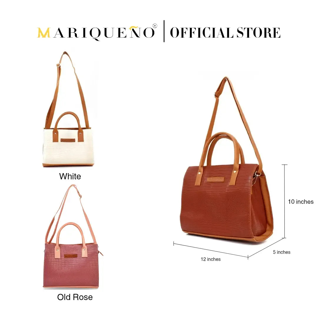 Three handbags in white, brown, and old rose with dimensions on a white background, branded as Mariqueno.
#color_choco brown