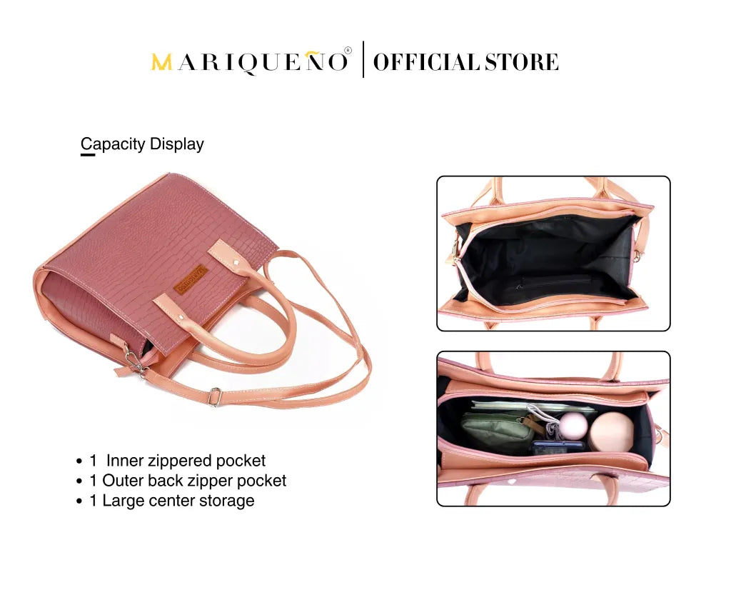 Pink handbag with capacity display features and MarqueNo branding.
#color_old rose
