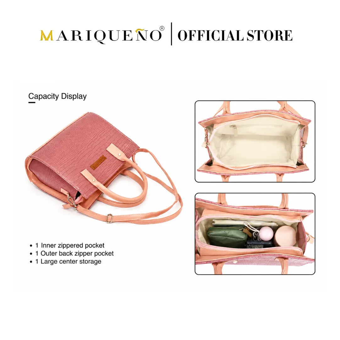 Pink handbag with capacity display features and MarqueNo branding.
#color_old rose