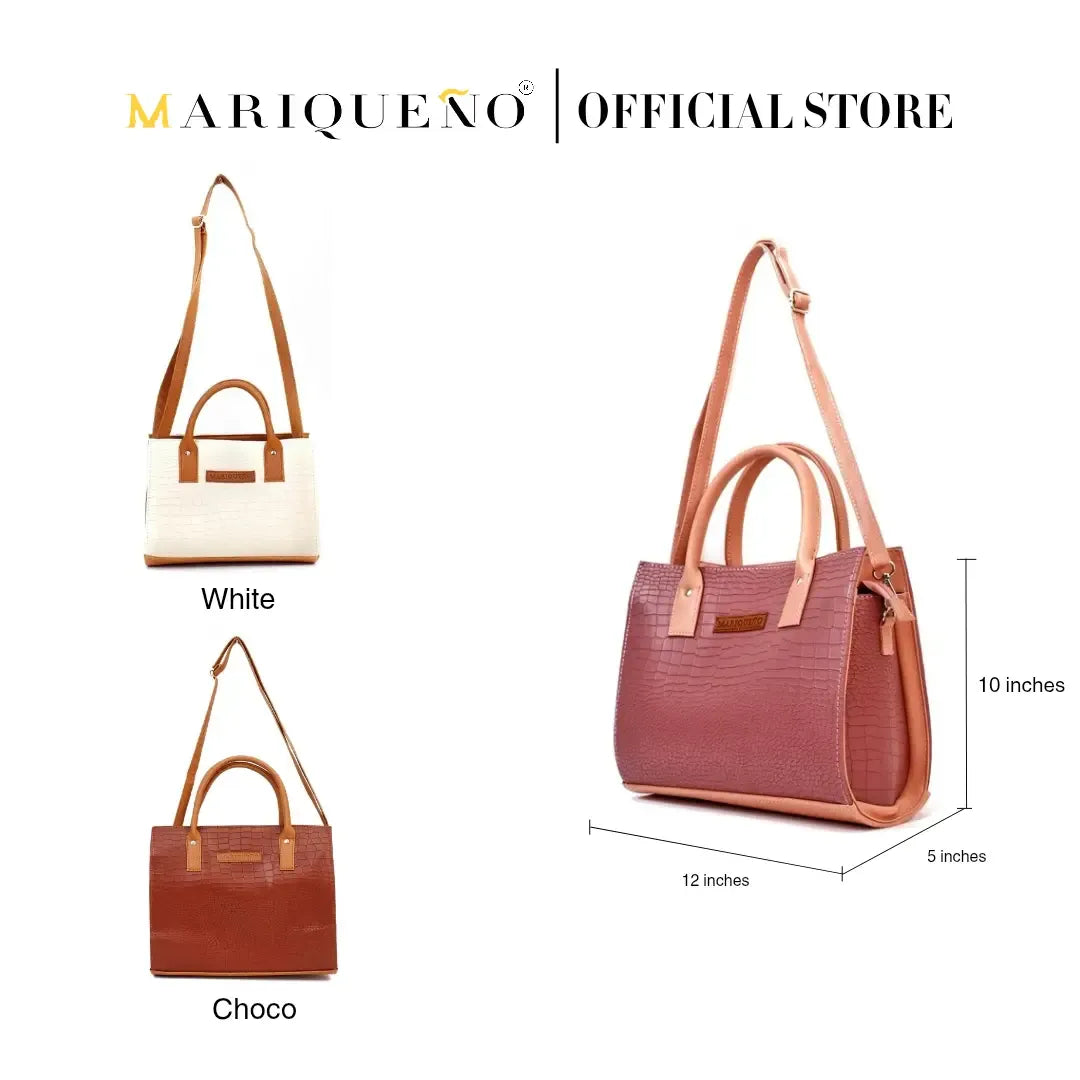 Three handbags in white, pink, and brown with measurements on a white background, branded as Mariqueno.
#color_old rose