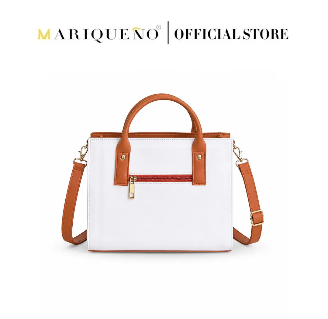 White handbag with brown straps and accents on a white background, featuring the Mariqueño brand.
#color_off white