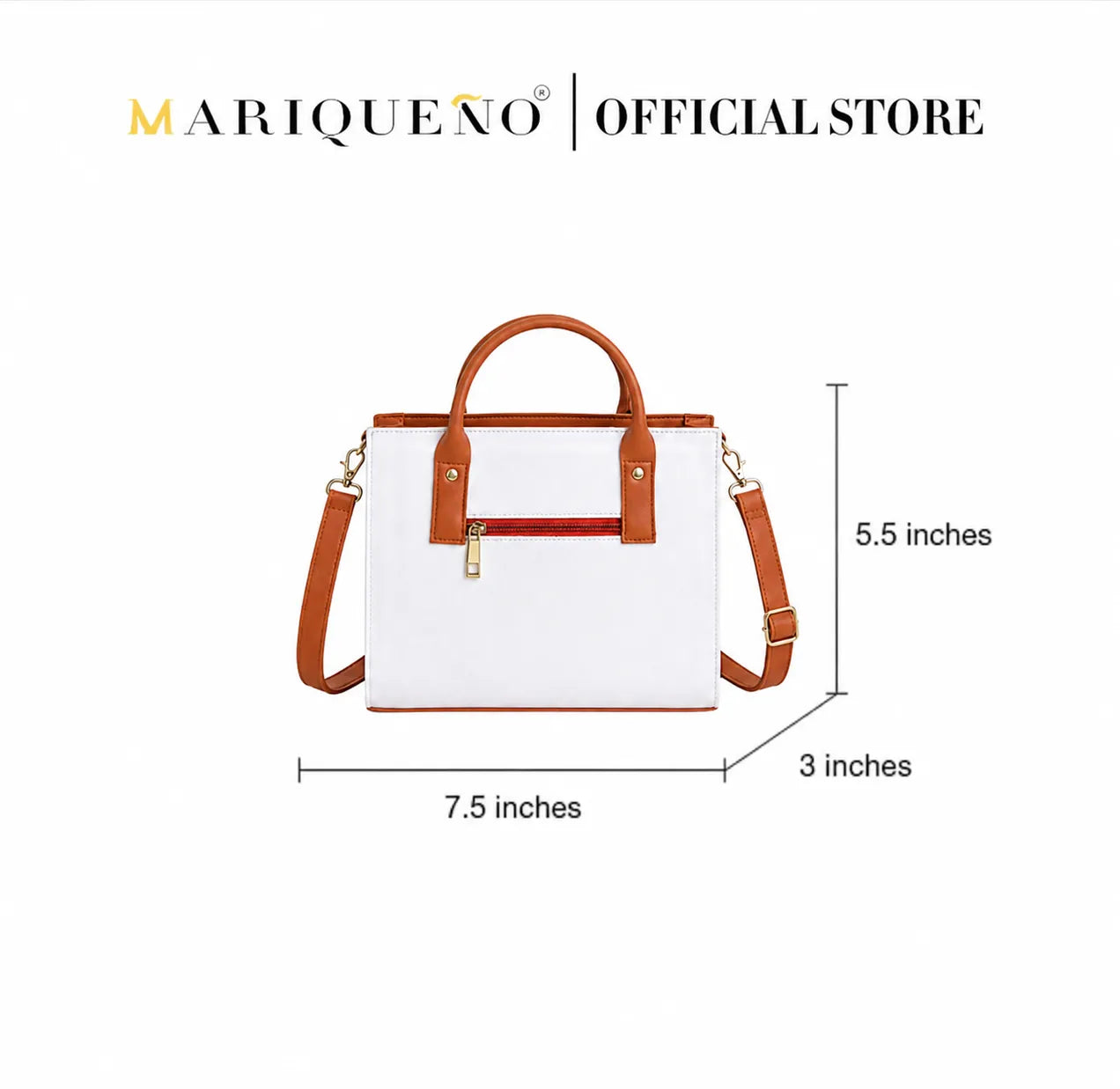White handbag with brown straps and accents, displayed with dimensions on a white background, featuring the Mariqueño brand.
#color_off white