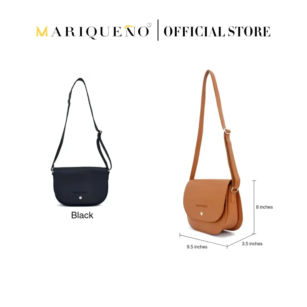 Two handbags, one black and one brown, with dimensions labeled on a white background. Brand 'MARIQUENO' is visible.
#color_tan brown