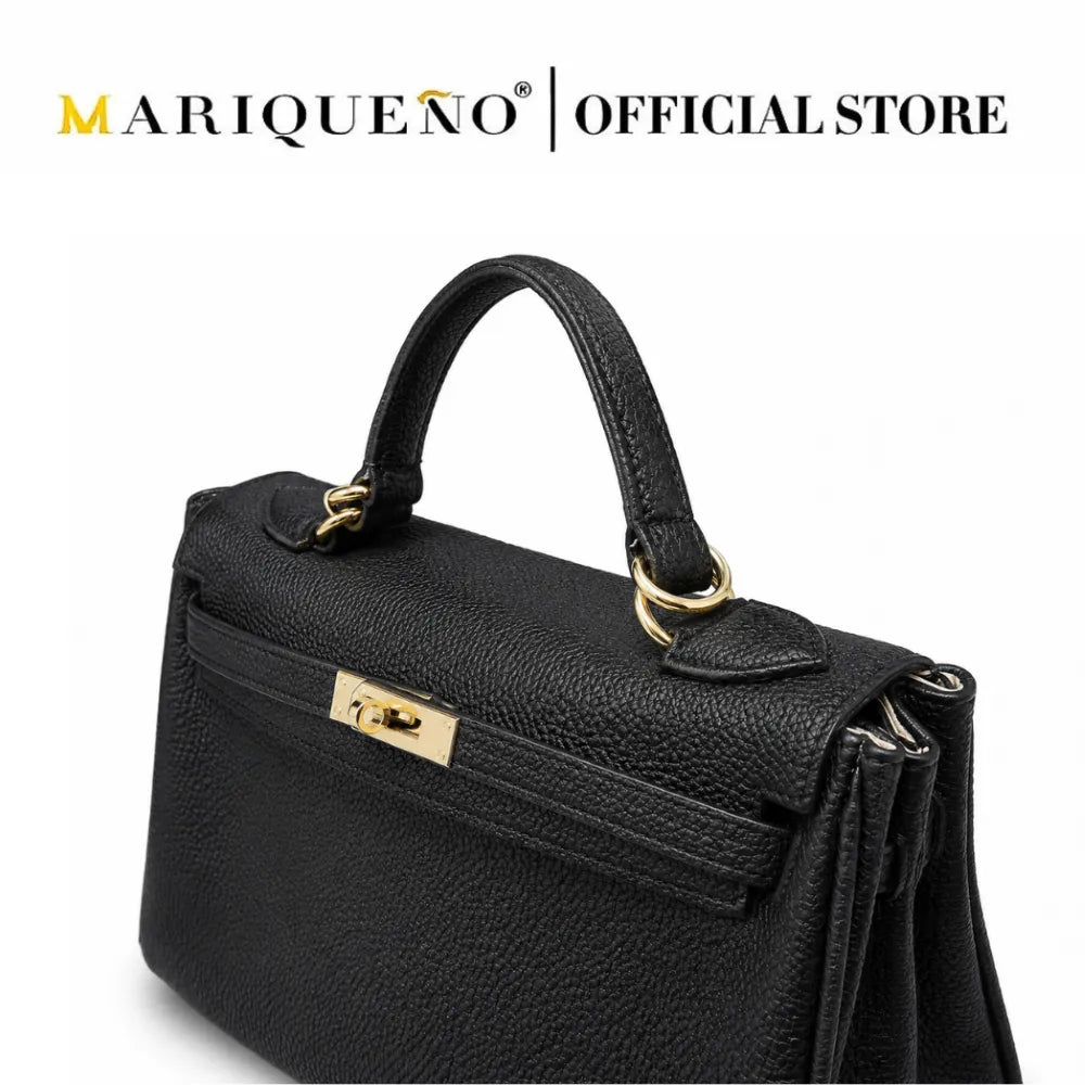 A black pebbled leather handbag with gold-tone hardware, shown on a white background with the text 'MARIQUEÑO | OFFICIAL STORE' at the top.
#color_black